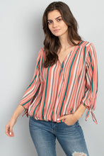 Load image into Gallery viewer, 3/4 tie sleeve V-neck crossover striped top
